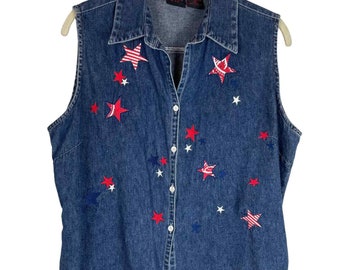 Vintage lightweight denim red white blue star embroidered sleeveless shirt