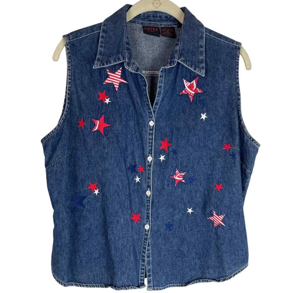 Vintage lightweight denim red white blue star embroidered sleeveless shirt