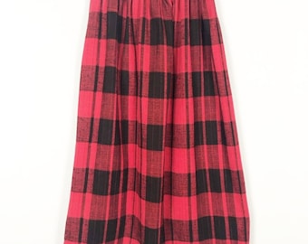 Vintage red black plaid pleated midi skirt