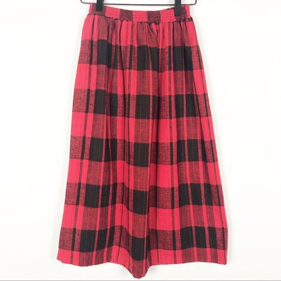 Vintage red black plaid pleated midi skirt - image 1