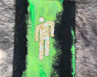 BILLIE EILISH inspired gold and silver Blohsh on green and black textured poured canvas panel PAINTING