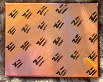 ZHU inspired DREAM LAND edm rave festival metallic iridescent oil slick spill orange purple black canvas pour Painting