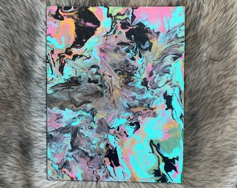 River of Dreams - hand poured teal, turquoise, pink, black, and gold fluid pouring flow acrylic canvas panel board painting