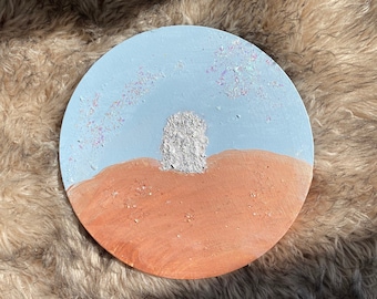 Titled “Desert Moon The Door” circle prism copper blue gray iridescent accent metallic silver painting