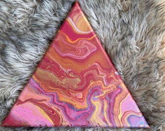 Titled “Pink Phoenix” red pink maroon gold triangle pour art painting