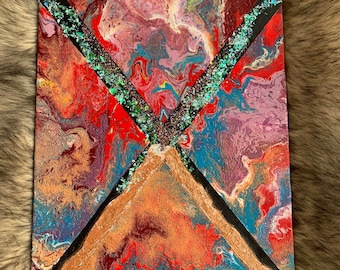 PEAKING - VOLCANO glitter iridescent Explosive Eruption red blue purple gold fluid pour canvas panel PAINTING perfect for fans of Lost Lands
