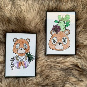 KANYE WEST yeezy life of pablo graduation bears set of two framed hand drawn colored gardensucculent cactus flower greenery PRINTS