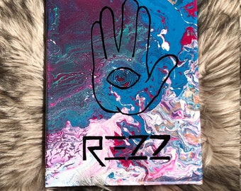 REZZ inspired spiral eye psychic hypnosis hand palm metallic fluid flow teal purple white acrylic oil pour painting