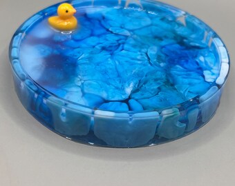 Rubber ducky blue water waves resin tray coaster for bathroom pool bedroom decorative