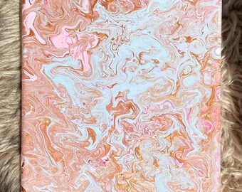 Titled “Desert Moon Copper Rivers and Sandy Seas” copper pink metallic pour art painting