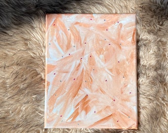 Titled “ Desert Moon Jewels in the Sand” feathered painting copper gray blue with blue pink jewels resin top coat