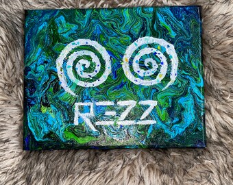 REZZ inspired Everywhere and Nowhere blanke pour flow art painting green blue abstract iridescent sparkle glitter spirals
