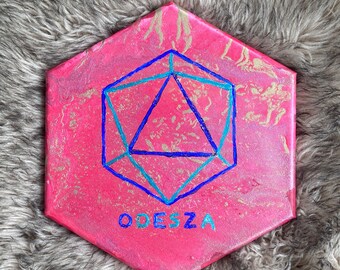 ODESZA inspired in return hexagon icosahedron polyhedron red gold blue pour art painting