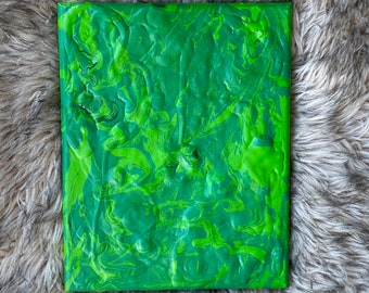 Titled “hey green” layered textured dimensional pour art painting