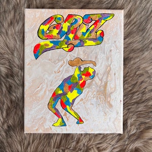 GRIZ inspiriertes Regenbogen Saxophon spielende Silhouette handgemalt metallic gold pour drip flow kunst malerei für edm rave festivals lgbtq fans