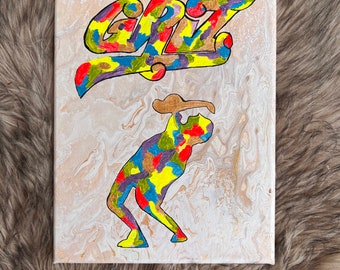 GRIZ inspired rainbow saxophone playing silhouette hand painted metallic gold pour drip flow art painting for edm rave festivals lgbtq fans