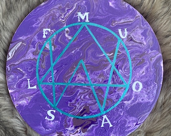 Alison Wonderland inspired FMUOASL summoning geo edm rave festival fluid flow art POUR PAINTING acrylic purple metallic teal circle canvas