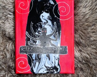 REZZ inspired spider on the moon can you see me album dj pour painting black and white art on red canvas with silver spirals