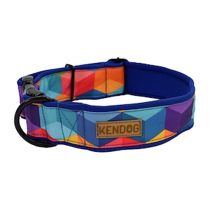 May include: A blue dog collar with a geometric pattern in shades of blue, purple, yellow, orange, and red. The collar has a black buckle and a brown leather tag that says "KENDOG".