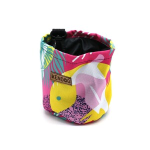 May include: A pink, yellow and green dog treat pouch with a black drawstring and a brown leather patch that says "KENDOG".