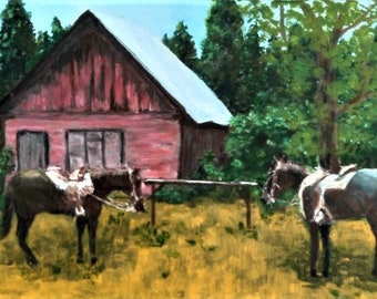 Large wall art original custom western cowboy painting of a Colorado ranch.