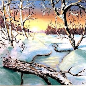 Árbol caído y nieve matutina: gran arte mural contemporáneo, 24 x 18