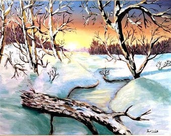 Hand Painted Acrylic Winter Landscape Painting, Morning Snow Creek Sunrise, Large Wall Décor