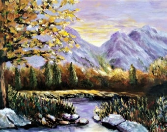 Mountains Reflections Sunset Painting, Lake Canvas Paintings, Tree