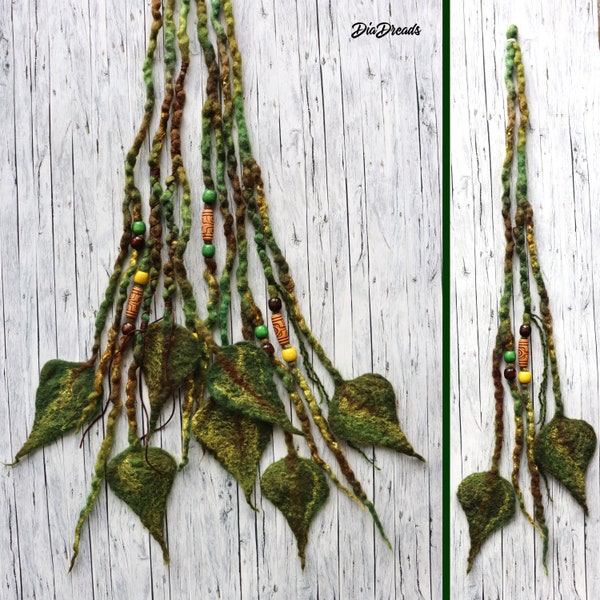 Decorated DE dreadlocks LEAVES Dreadlock accent, clip in dread 19"-21" two available, wool dreads