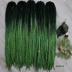 Green Wool Dreads &quot;Spring MOSS&quot; 15-60 pcs 12-32 inches DE wool dreadlocks double ended full set wool extensions ombre