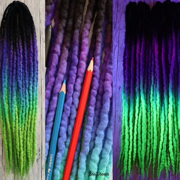 Wool Dreads DE uv reactive NORTHERN LIGHTS wool dreadlocks double ended full set  wool extensions ombre purple blue turquoise neon green