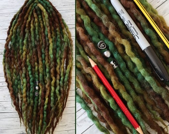 Wavy Wool Dreads DE WOODS short medium long dreadlocks double ended full set wool extensions green brown ombre