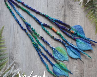 Clip in Dreadlocks Mermaid Blue LEAVES Accent, Clip In Dreads,  Merino Wool Dreads LAST ONE Nu1