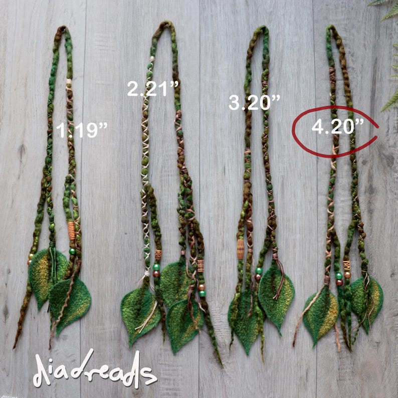 Four sets of green and brown hair extensions featuring felted leaf accents, braided textures, and small wooden and metallic beads. Each set is labelled with numerical identifiers 1. 19", 2. 21", 3. 20", and 4. 20" (length in inches), with the text Diadreads below.