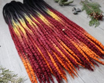 Merino Wool Dreadlocks MAHOGANY FALL Black Red Orange Yellow DE Dreads, Braid In