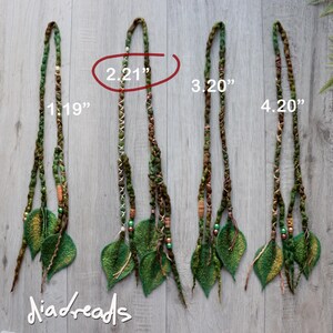 Four hair extensions labelled 1. 19", 2. 21", 3. 20", and 4. 20" featuring green and brown braided fibres, decorative beads, and felted leaf accents. The text "diadreads" is visible at the bottom left of the image.