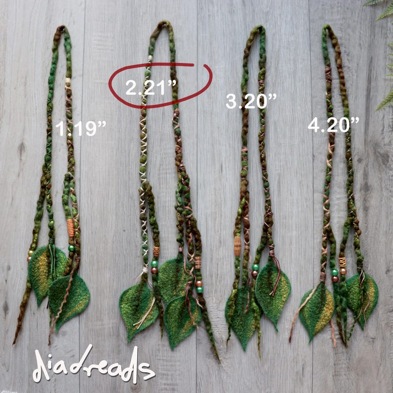 Four hair extensions labelled 1. 19", 2. 21", 3. 20", and 4. 20" featuring green and brown braided fibres, decorative beads, and felted leaf accents. The text "diadreads" is visible at the bottom left of the image.