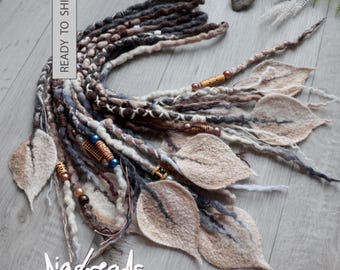 Wool Dreadlock Accent Leaves, Clip in Dreads, Viking Dreads, ROCKIES Colorway with Beige Leaf Dreadlocks Hair Jewelry