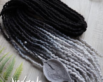 Thin Wavy Wool Dreads DE Black Dreadlock Extensions Silver Grey Tips SHADOWMIST Braid in Dreadlocks