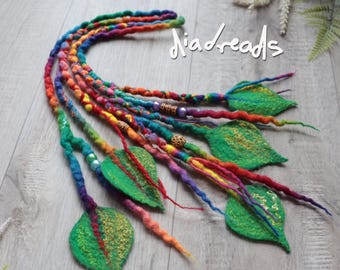 Dreadlock Accent, Clip in Dreads, Decorated Dreadlocks Rainbow Leaves Green 20-21" Fairy Festival Hair