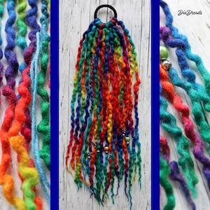 Wool Dread ponytail Hair Tie for ponytail or messy bun, CHOOSE LENGTH dreadlock fall on hair elastic, dread style in seconds, RAINBOW