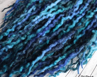 Micro Thin Wavy Wool Dreads: SEASCAPE Blue Teal Black Extensions