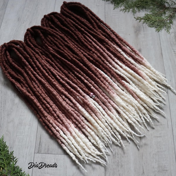 DE Wool Dreads Chestnut Brown to Platinum Blonde White Ombre Wool dreadlocks double ended full set wool extensions cream