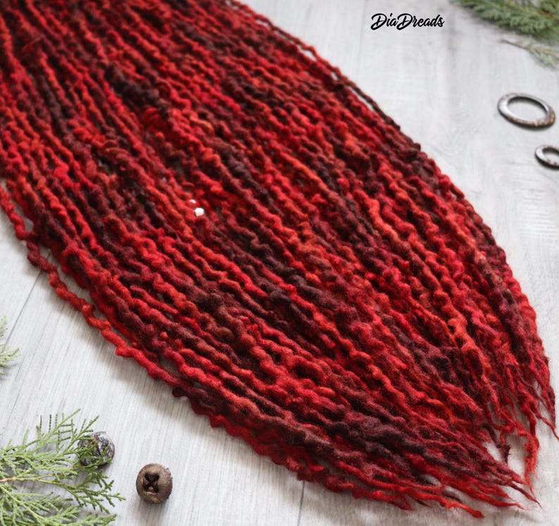 Thin Wavy Wool DE Dread Locks FALL LEAVES Red Brown Orange Chopstick Thin image 7
