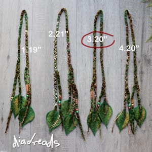Four sets of green and brown felted hair extensions with leaf-shaped accents and beads. Each set is labelled with numerical identifiers 1. 19", 2. 21", 3. 20", and 4. 20". The text "diadreads" is visible at the bottom left of the image.