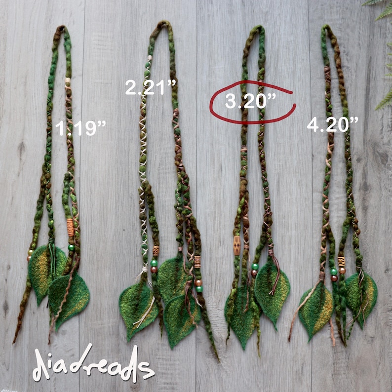 Four sets of green and brown felted hair extensions with leaf-shaped accents and beads. Each set is labelled with numerical identifiers 1. 19", 2. 21", 3. 20", and 4. 20". The text "diadreads" is visible at the bottom left of the image.