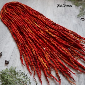 Wavy Wool Dreads DE - PHOENIX short medium long dreadlocks double ended full set wool extensions red orange yellow ombre
