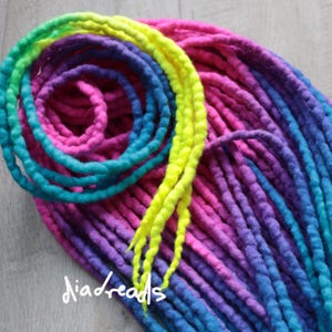 DE Wool Dreads RAVE UV reflective dreadlocks double ended full set braid-in extensions ombre neon pink purple blue green yellow disco light