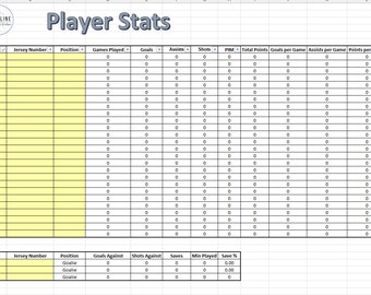 Feuille de calcul des statistiques des joueurs pour responsable d'équipe de hockey, modèle de statistiques, modèle Excel, feuille de calcul pour responsable d'équipe sportive, modèle de responsable d'équipe