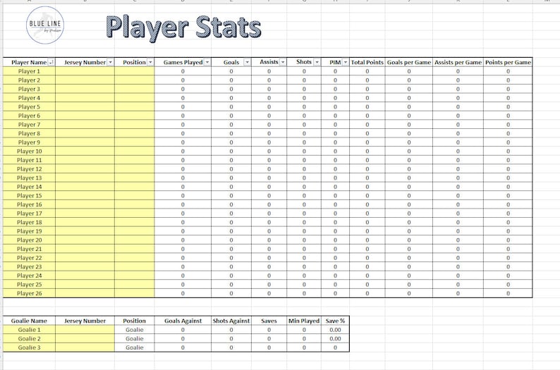 Player Stats Spreadsheet for Hockey Team Manager, Stats Template, Excel